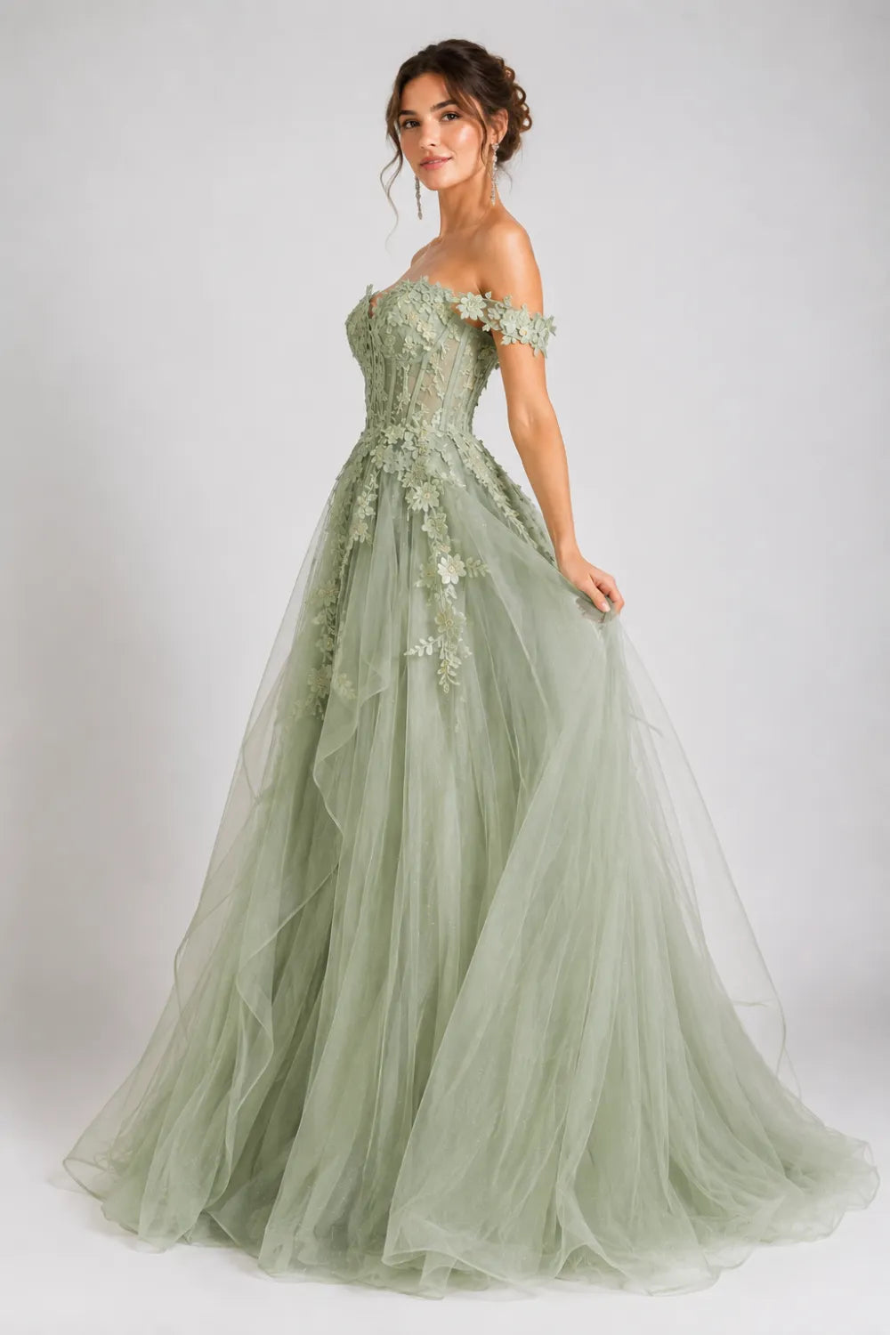 Off Shoulder Sage Green Prom Dress