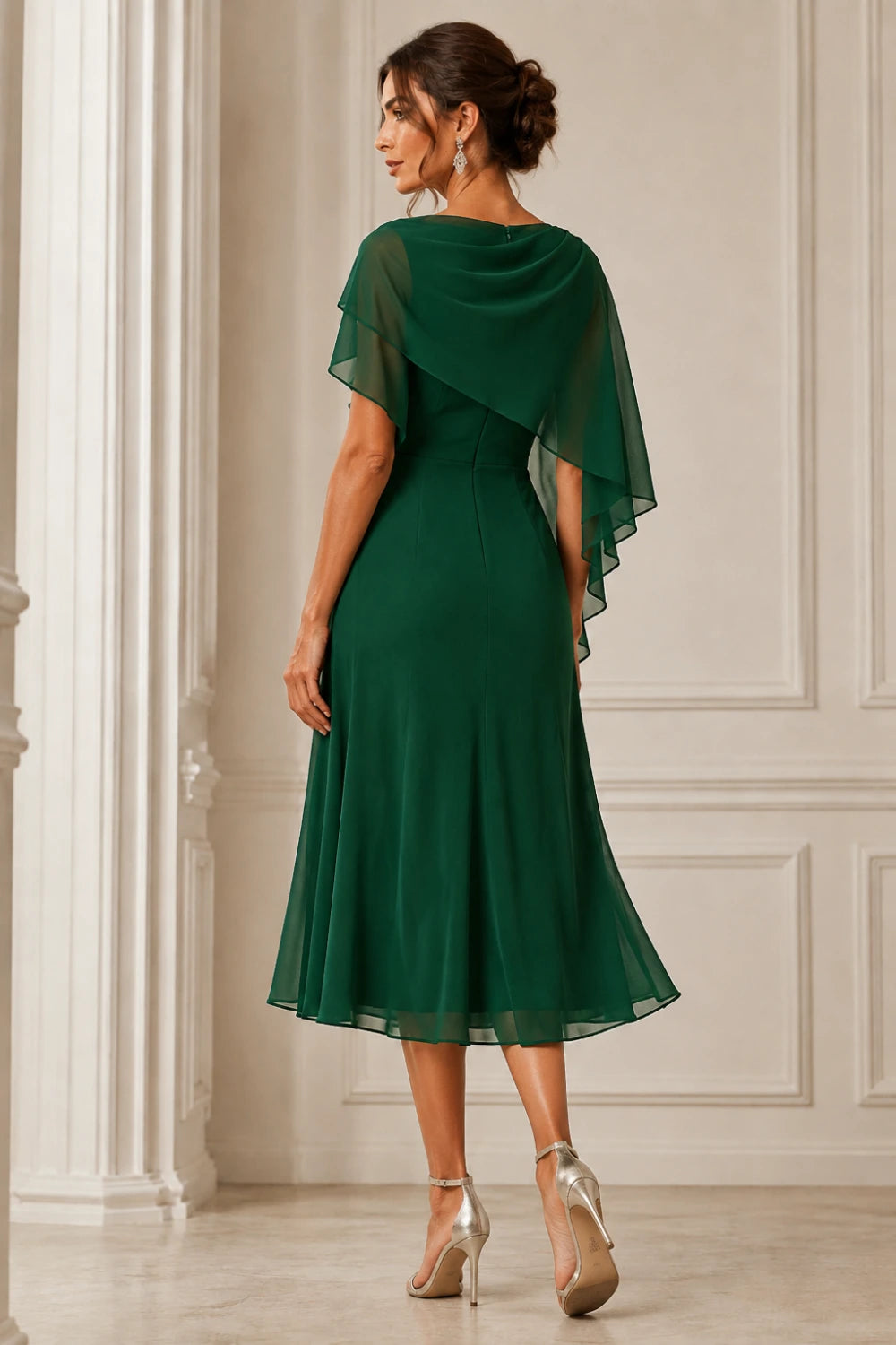 Asymmetric Cape Chiffon Midi Dress with Ruched Waist