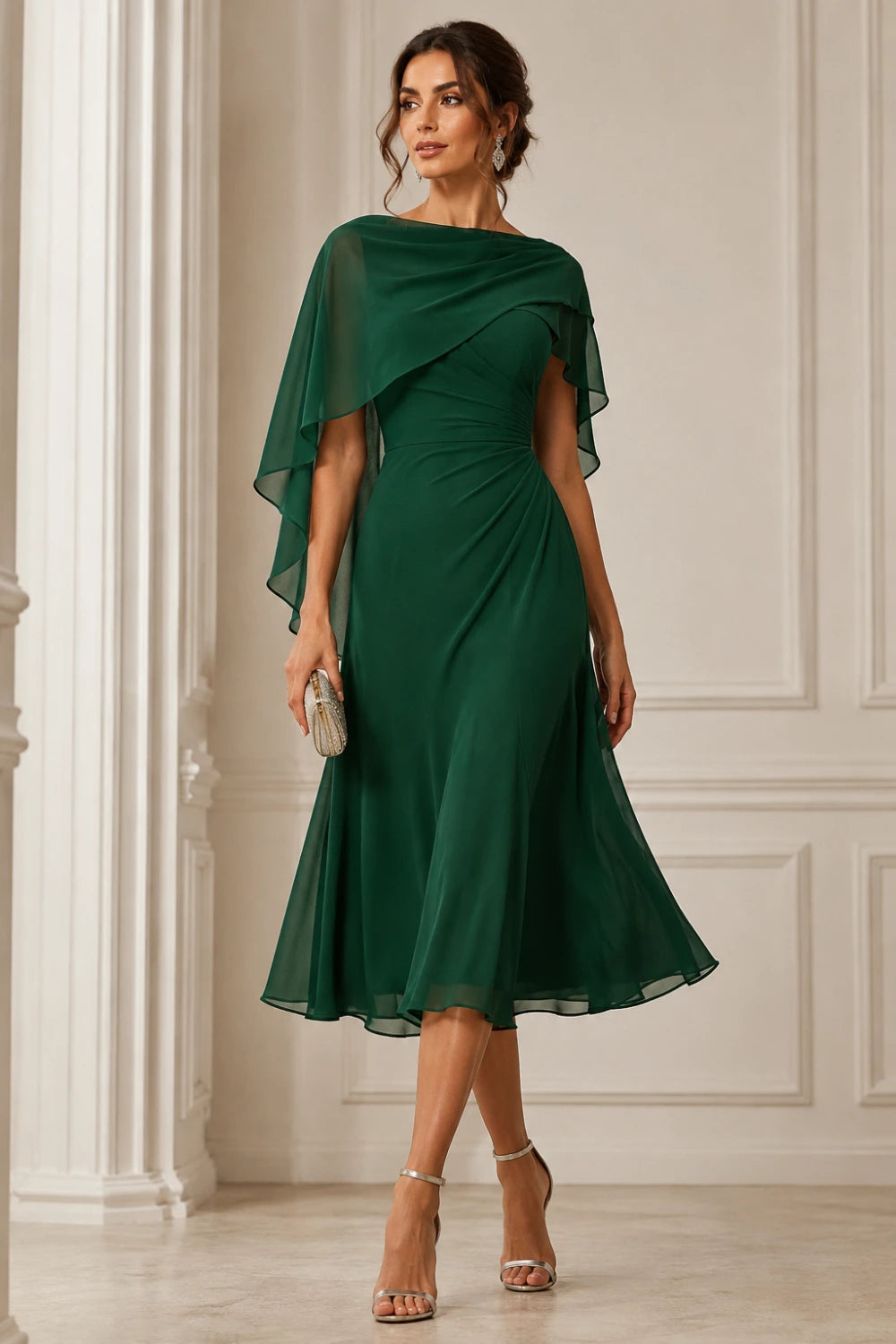 Asymmetric Cape Chiffon Midi Dress with Ruched Waist