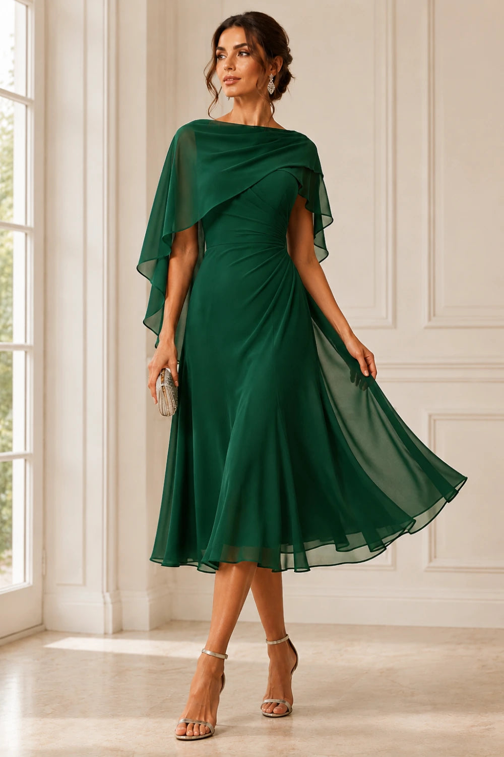 Asymmetric Cape Chiffon Midi Dress with Ruched Waist