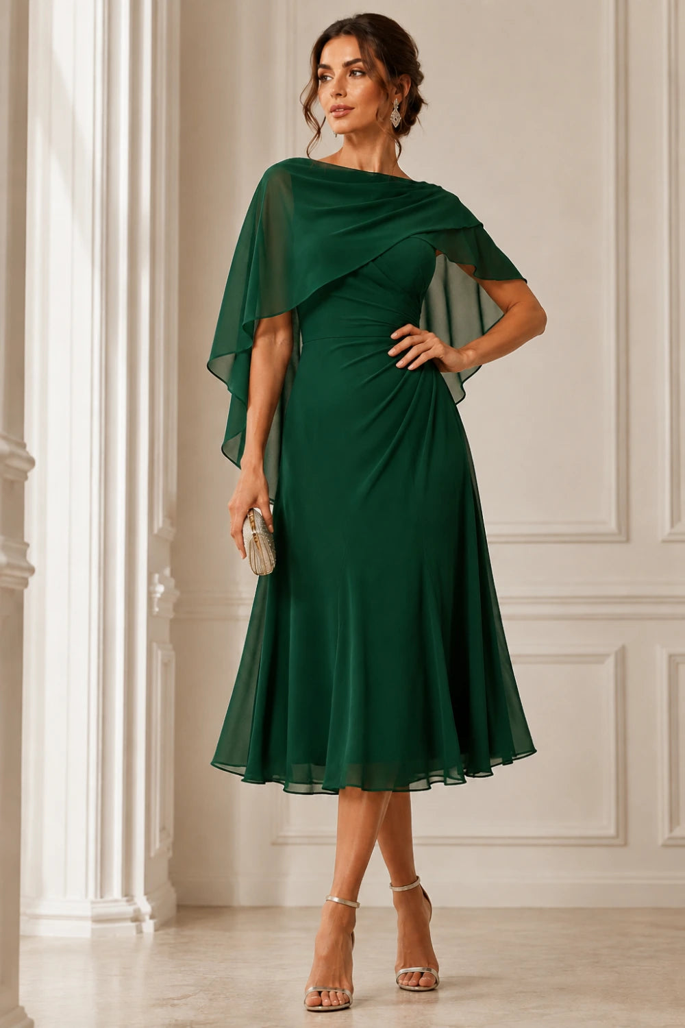 Asymmetric Cape Chiffon Midi Dress with Ruched Waist
