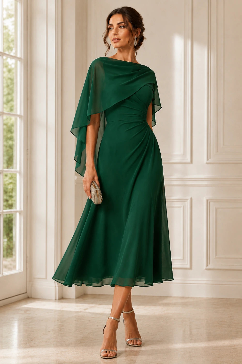 Asymmetric Cape Chiffon Midi Dress with Ruched Waist