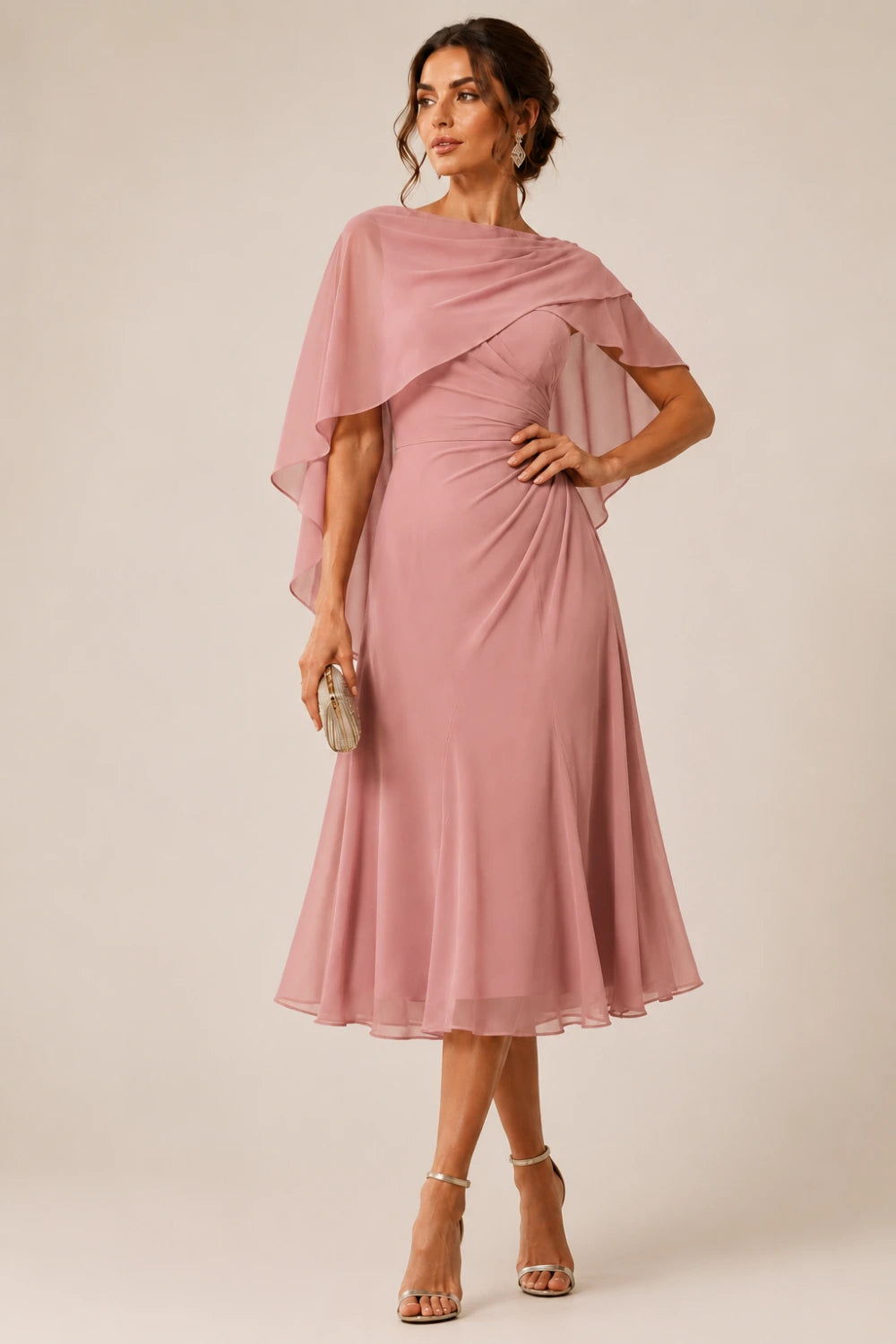 Asymmetric Cape Chiffon Midi Dress with Ruched Waist