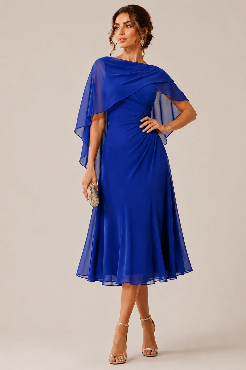 Asymmetric Cape Chiffon Midi Dress with Ruched Waist