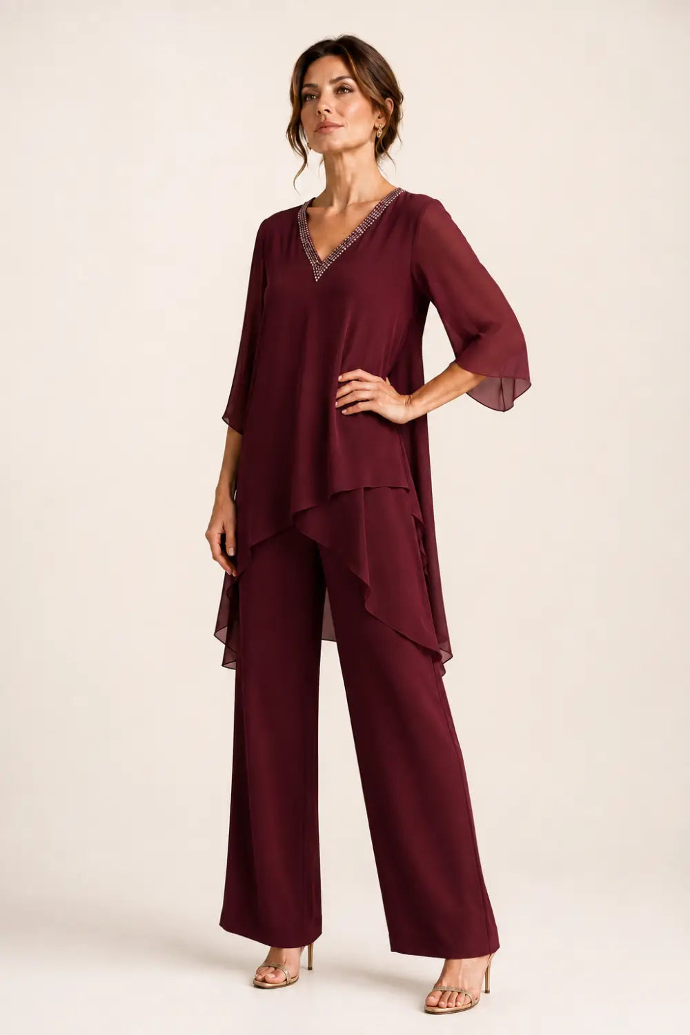 Asymmetric Chiffon Capelet Pant Suit with Wide-Leg Pants
