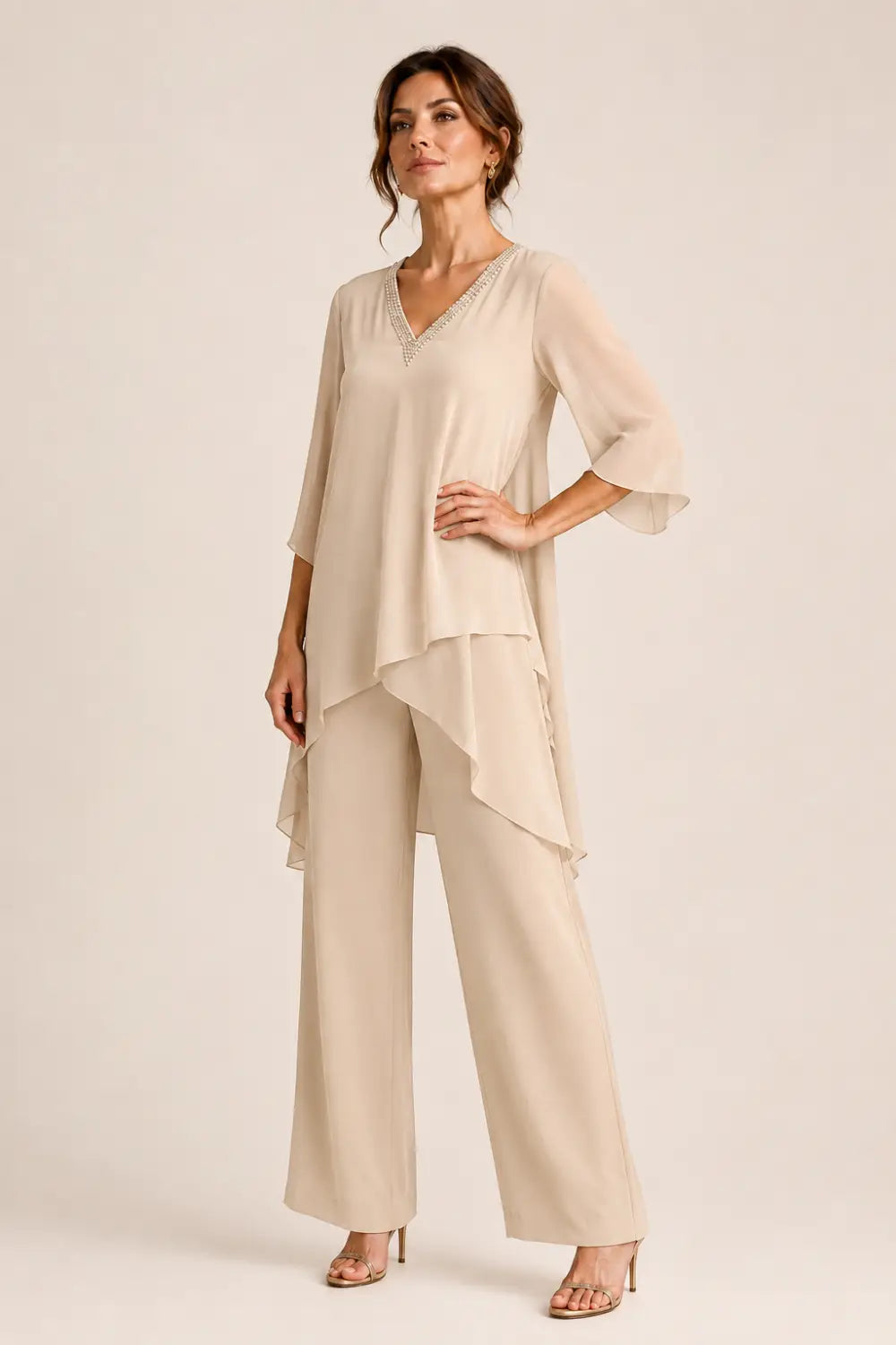 Asymmetric Chiffon Capelet Pant Suit with Wide-Leg Pants