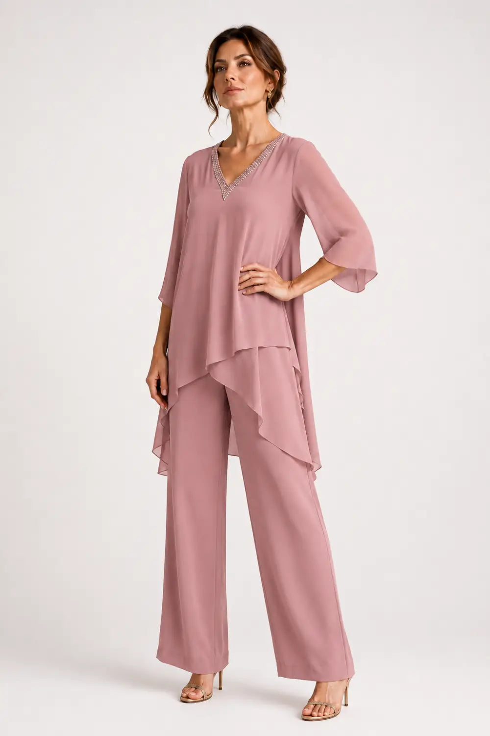 Asymmetric Chiffon Capelet Pant Suit with Wide-Leg Pants