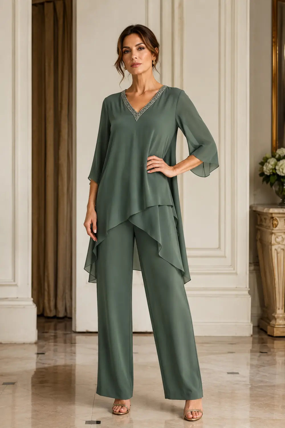 Asymmetric Chiffon Capelet Pant Suit with Wide-Leg Pants