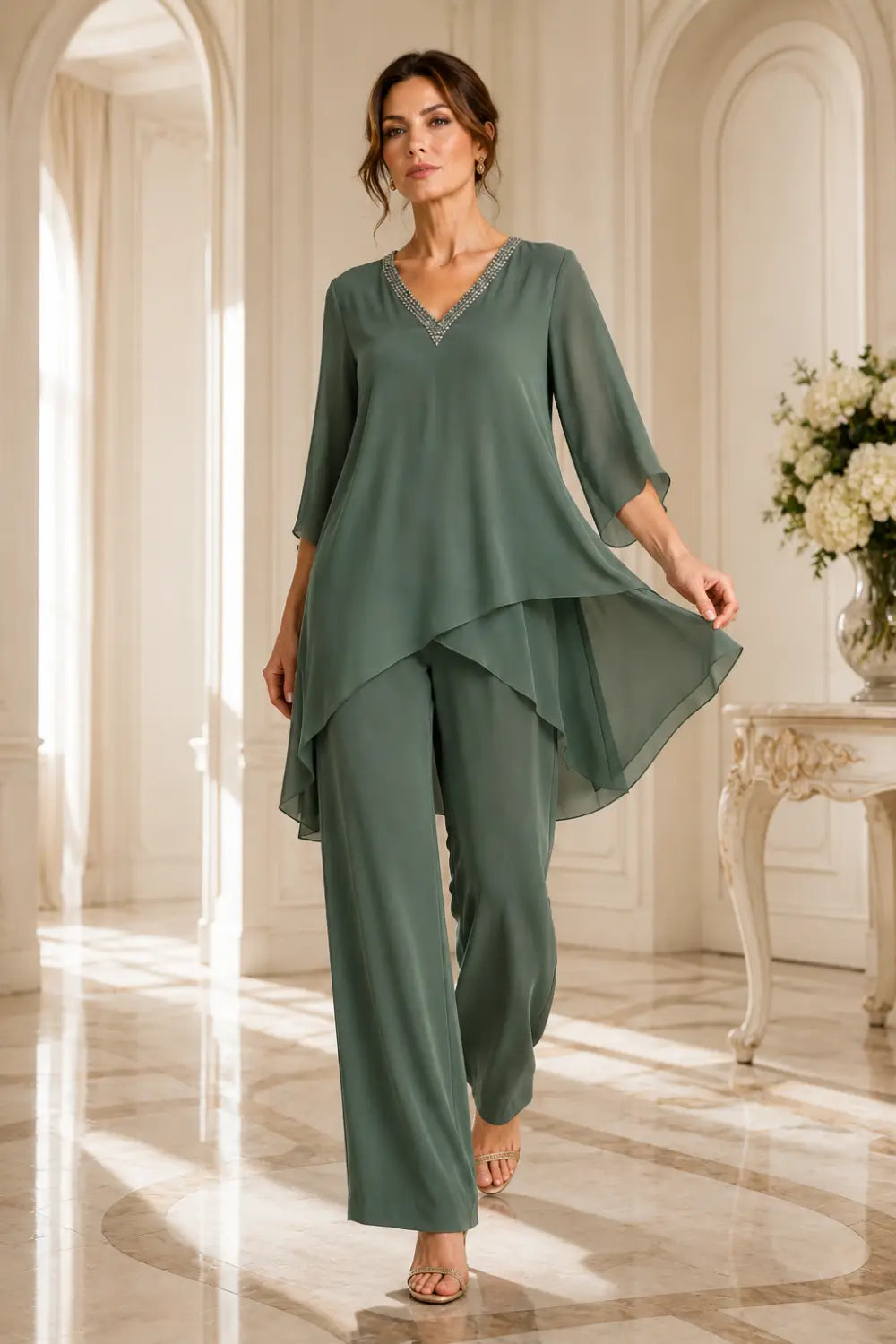 Asymmetric Chiffon Capelet Pant Suit with Wide-Leg Pants