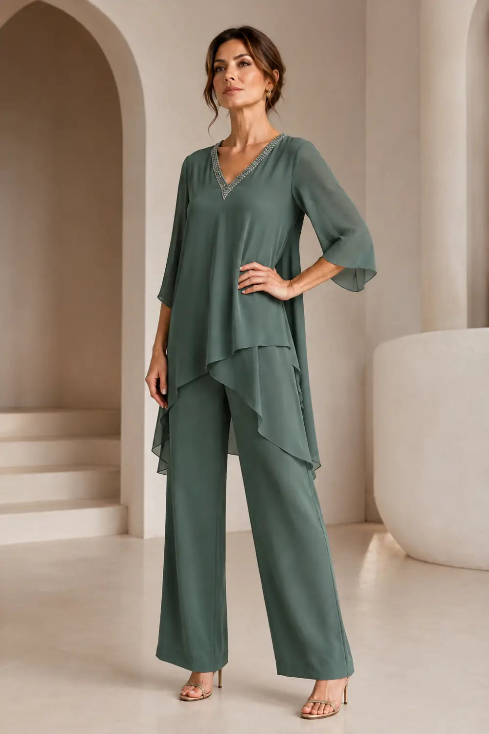 Asymmetric Chiffon Capelet Pant Suit with Wide-Leg Pants