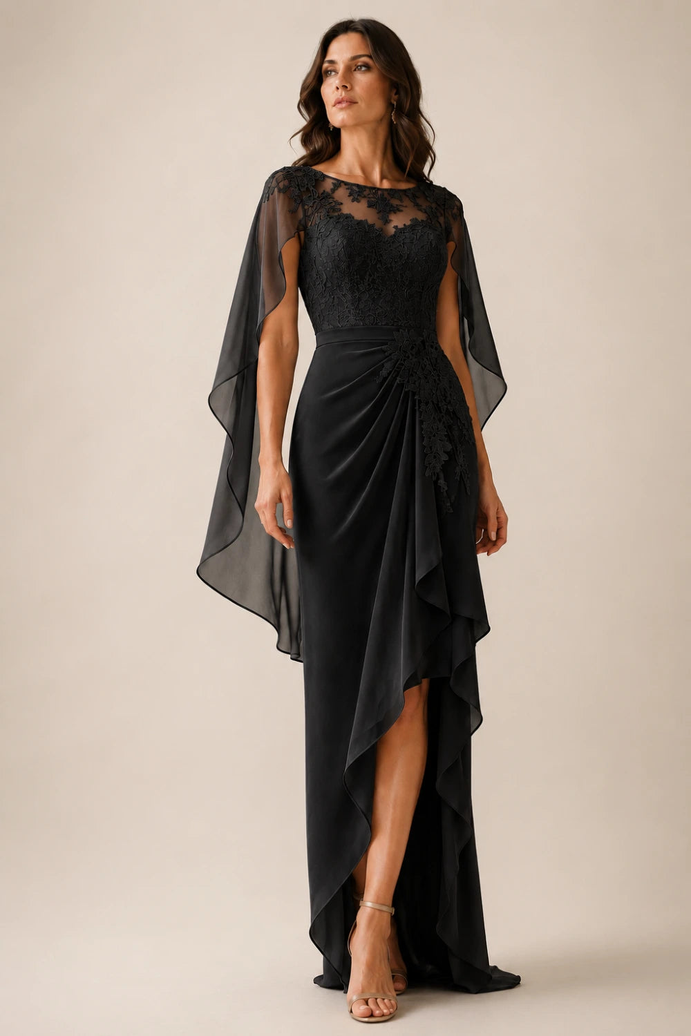 Asymmetric Lace Cape Sleeve Formal Dress with Slit