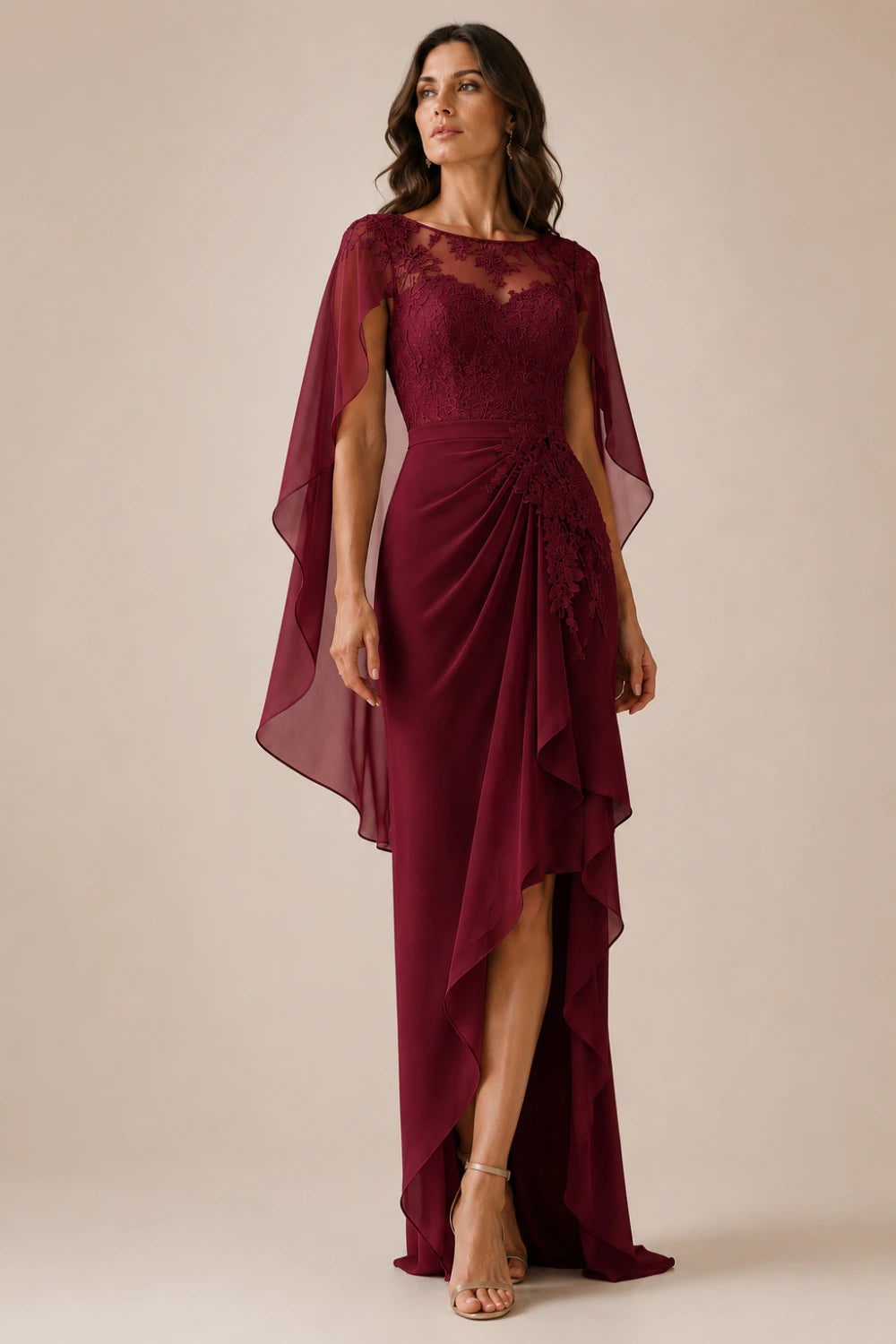 Asymmetric Lace Cape Sleeve Formal Dress with Slit