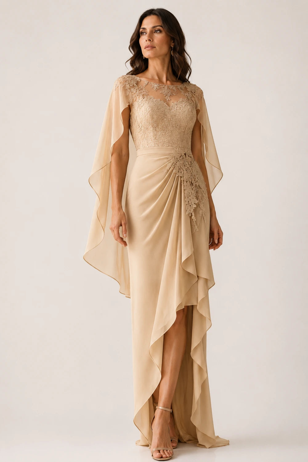 Asymmetric Lace Cape Sleeve Formal Dress with Slit