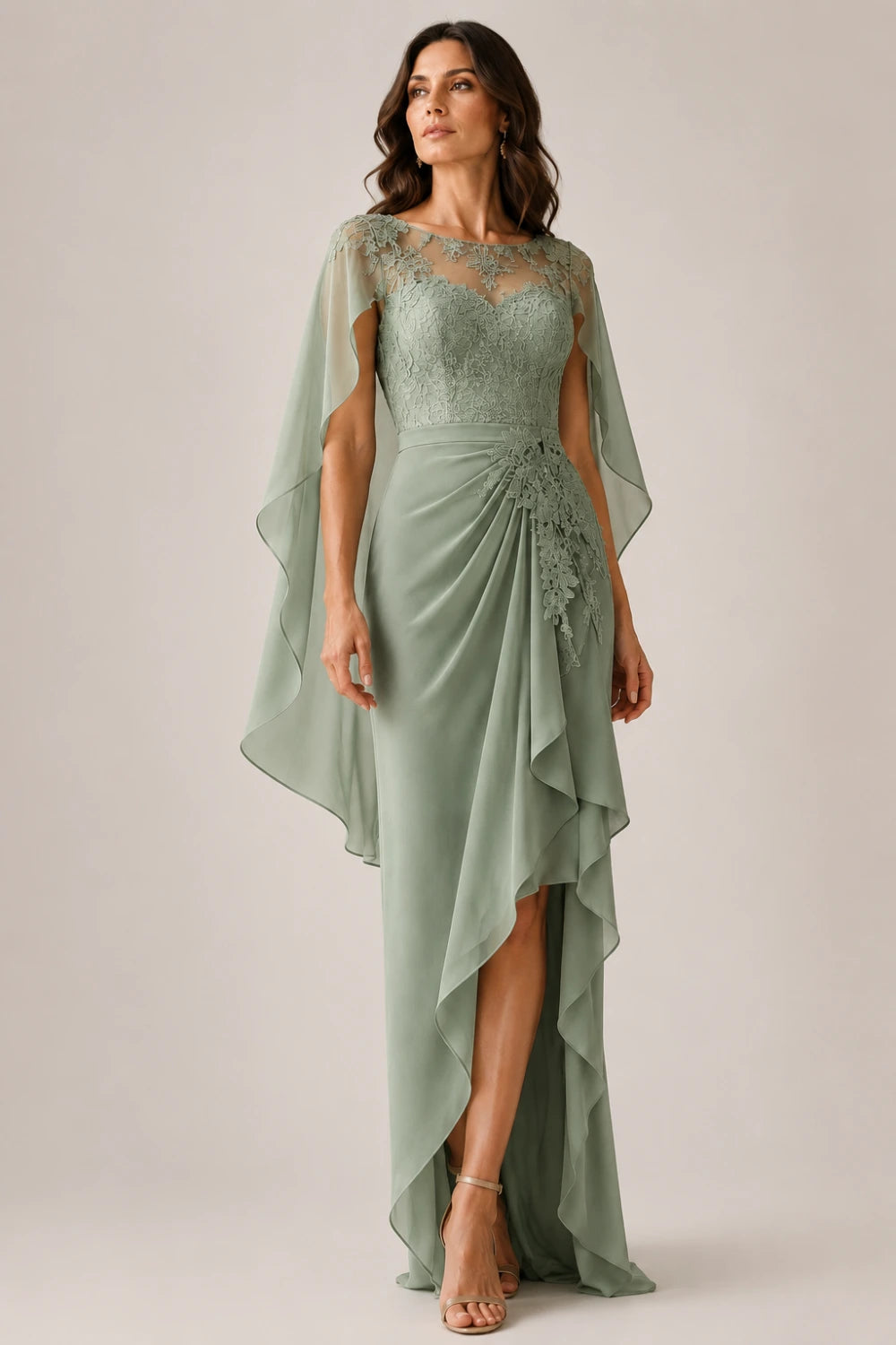 Asymmetric Lace Cape Sleeve Formal Dress with Slit