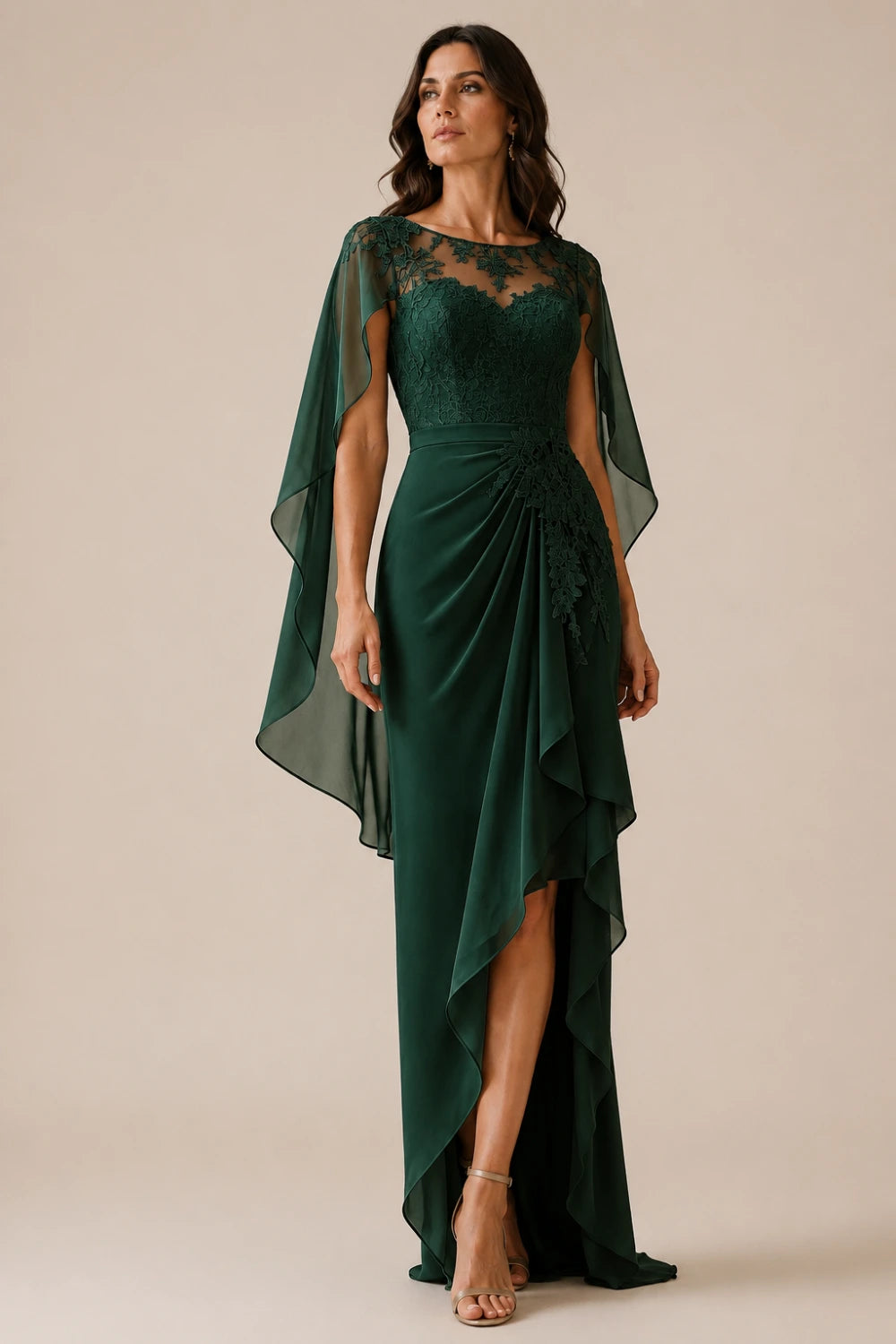 Asymmetric Lace Cape Sleeve Formal Dress with Slit