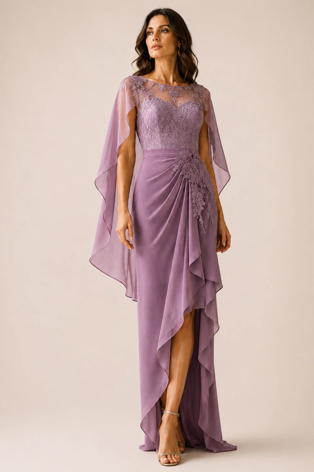 Asymmetric Lace Cape Sleeve Formal Dress with Slit