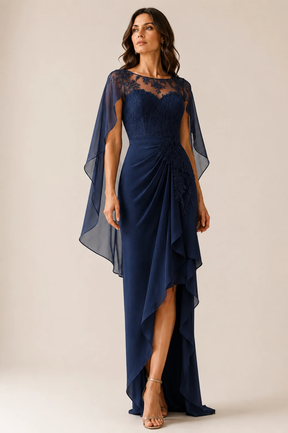 Asymmetric Lace Cape Sleeve Formal Dress with Slit