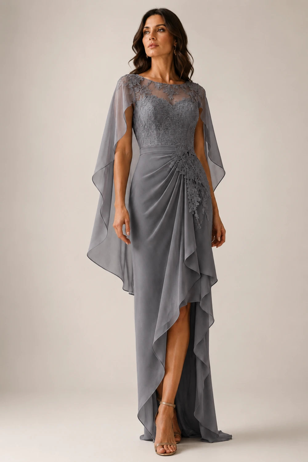 Asymmetric Lace Cape Sleeve Formal Dress with Slit