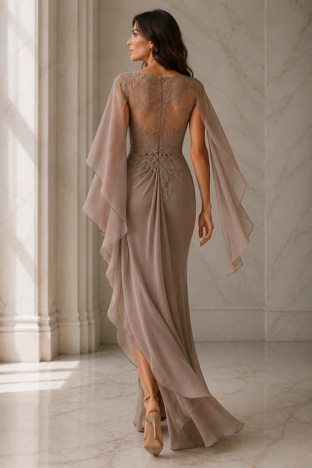 Asymmetric Lace Cape Sleeve Formal Dress with Slit