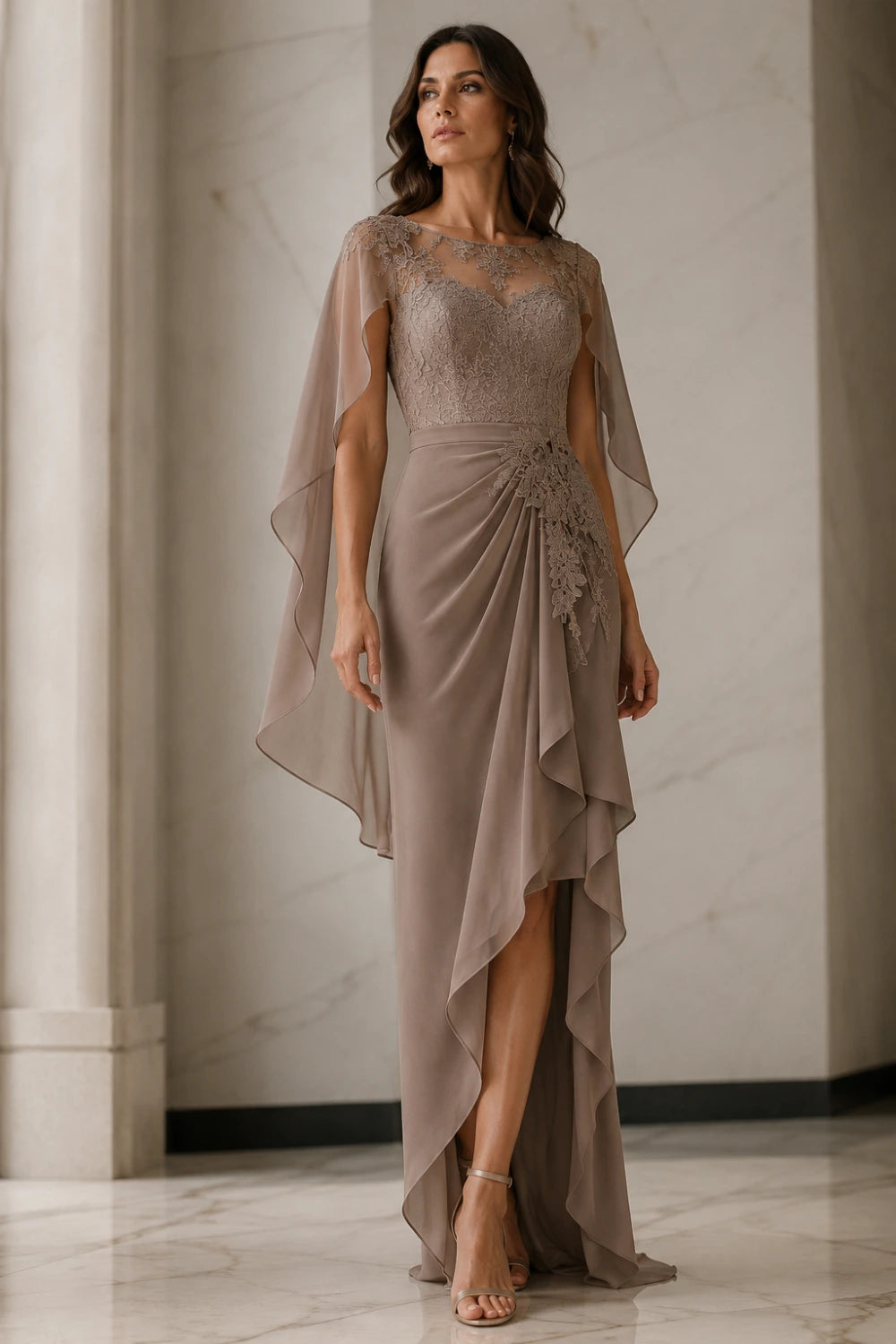 Asymmetric Lace Cape Sleeve Formal Dress with Slit