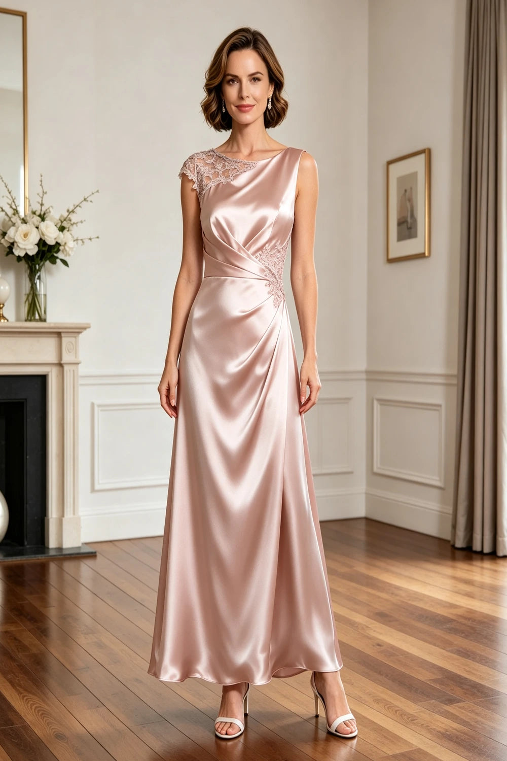 Asymmetric Lace-Shoulder Ruched Satin A-Line Gown