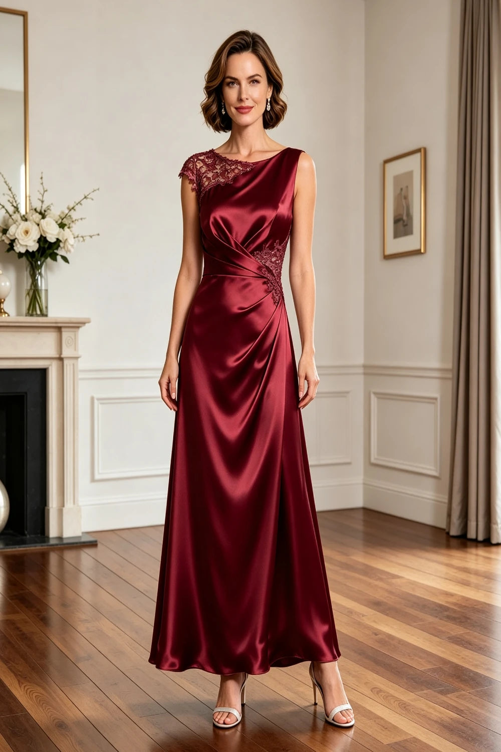Asymmetric Lace-Shoulder Ruched Satin A-Line Gown