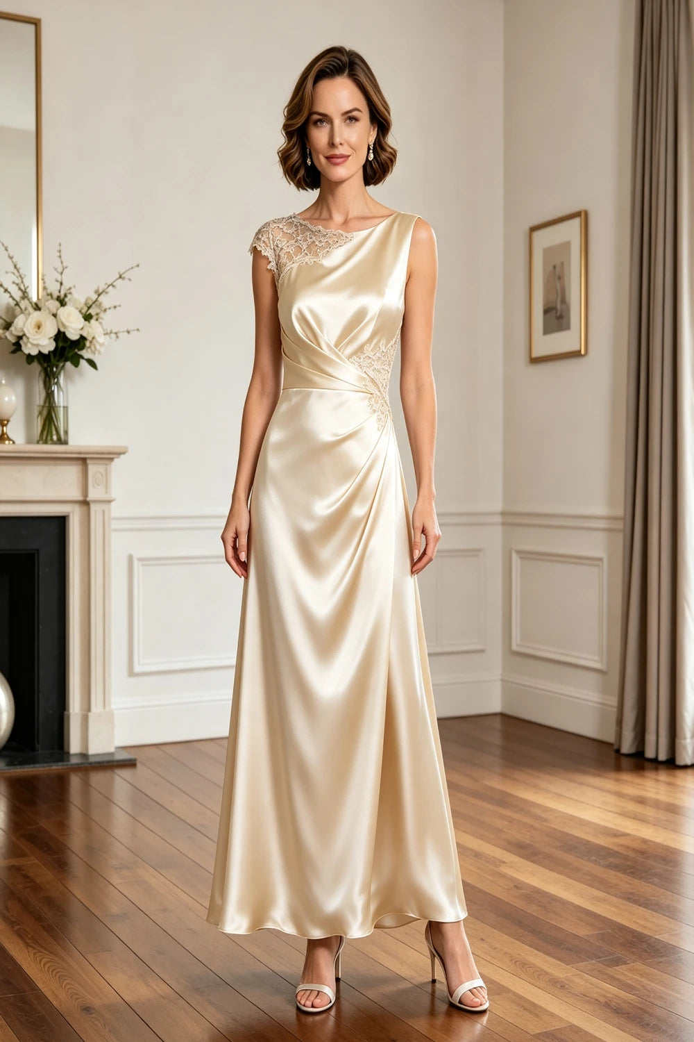 Asymmetric Lace-Shoulder Ruched Satin A-Line Gown