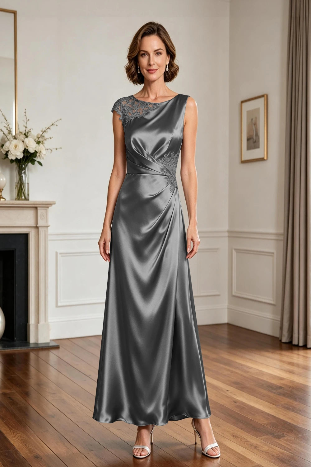 Asymmetric Lace-Shoulder Ruched Satin A-Line Gown