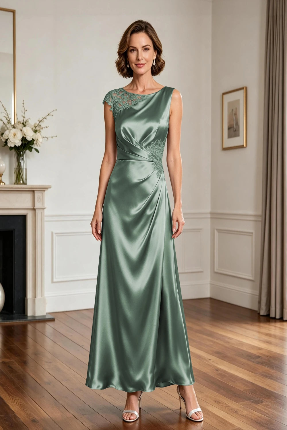 Asymmetric Lace-Shoulder Ruched Satin A-Line Gown