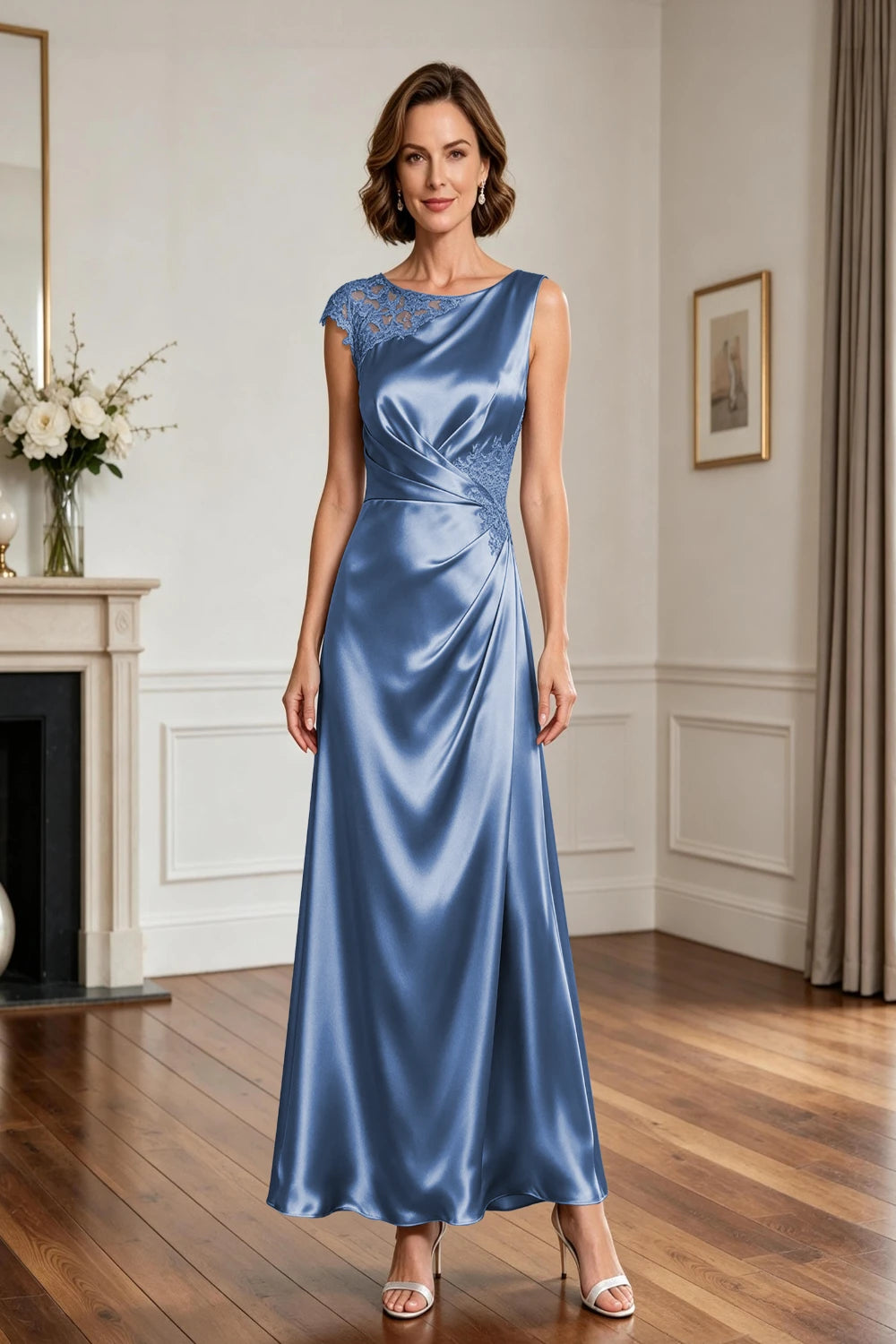 Asymmetric Lace-Shoulder Ruched Satin A-Line Gown
