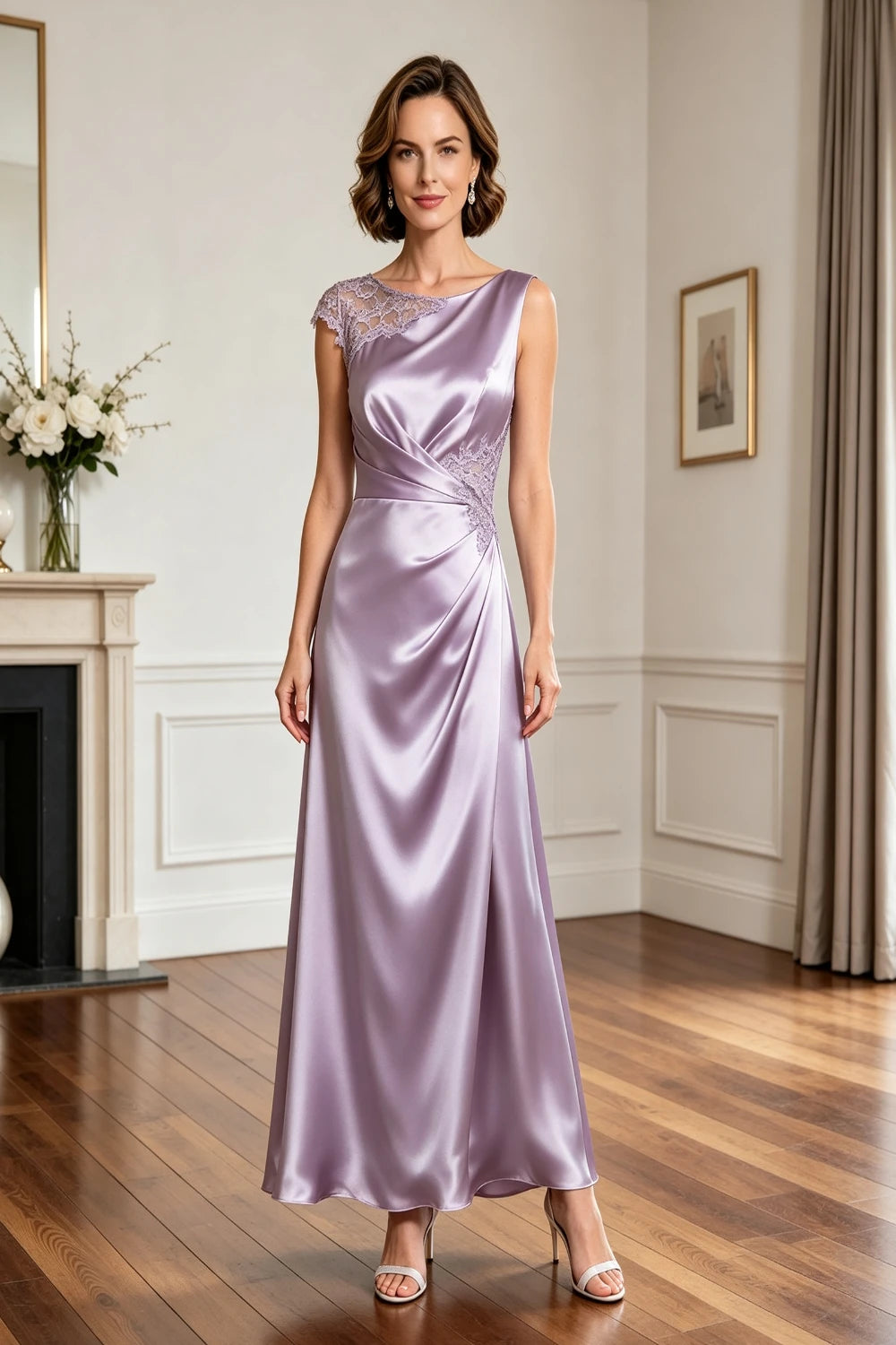Asymmetric Lace-Shoulder Ruched Satin A-Line Gown