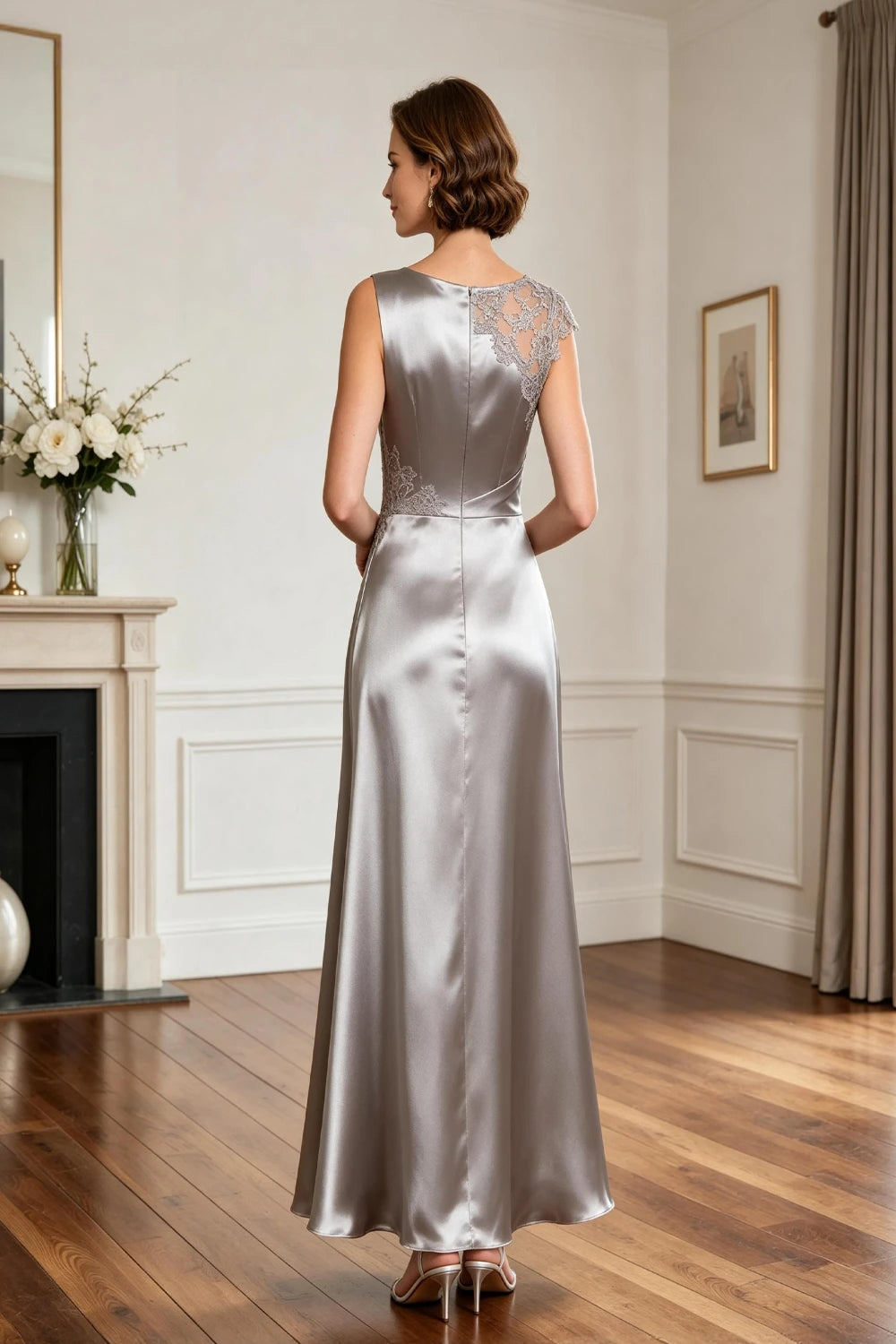 Asymmetric Lace-Shoulder Ruched Satin A-Line Gown