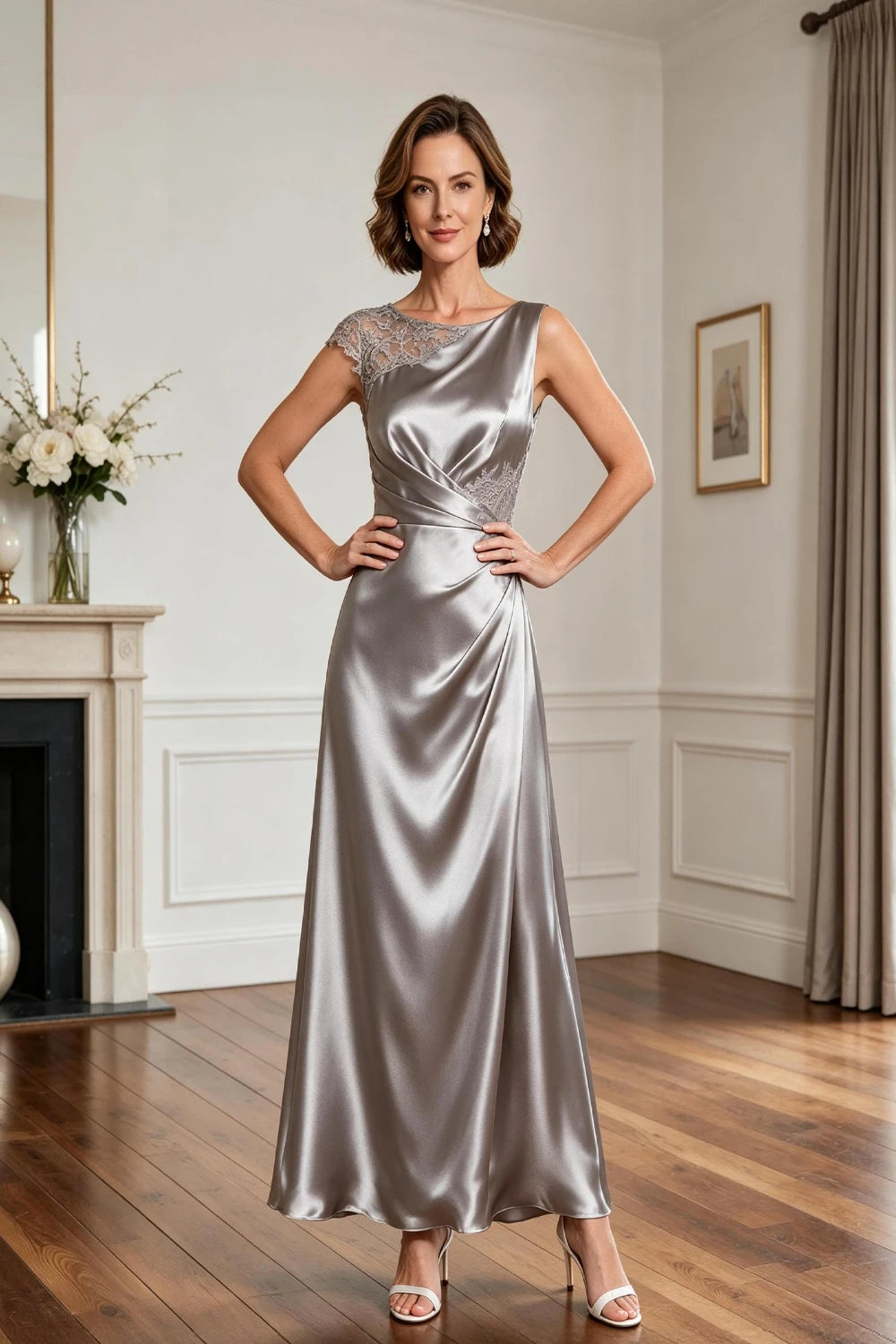 Asymmetric Lace-Shoulder Ruched Satin A-Line Gown