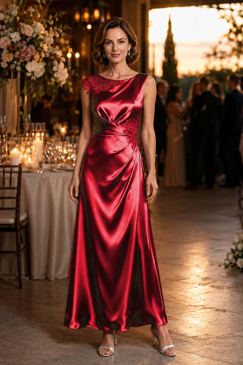 Asymmetric Lace-Shoulder Ruched Satin Mother of the Bride Gown