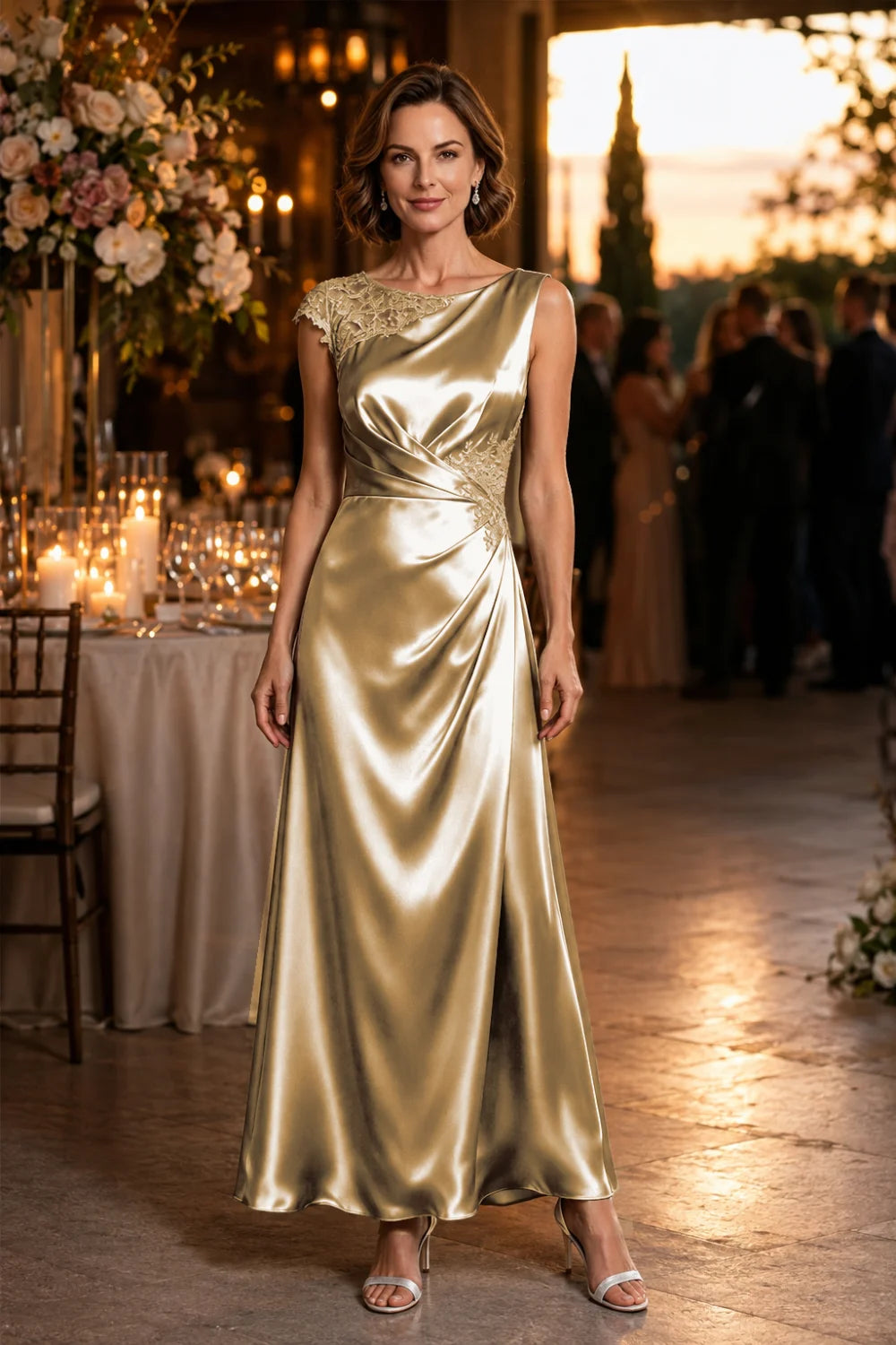 Asymmetric Lace-Shoulder Ruched Satin Mother of the Bride Gown