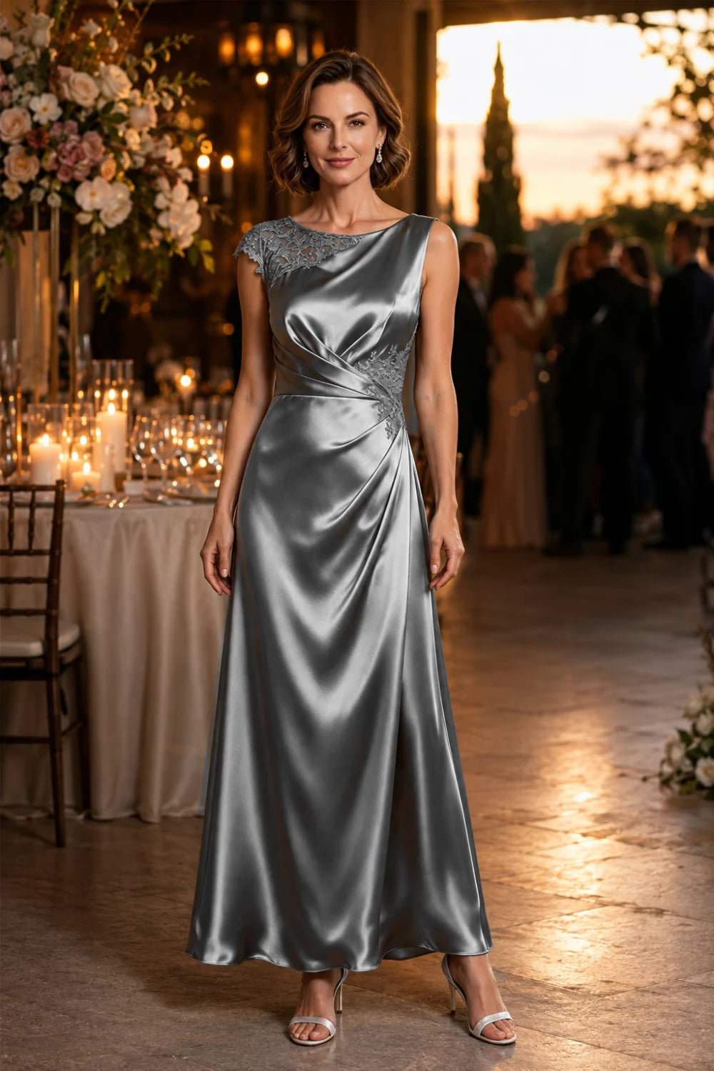 Asymmetric Lace-Shoulder Ruched Satin Mother of the Bride Gown