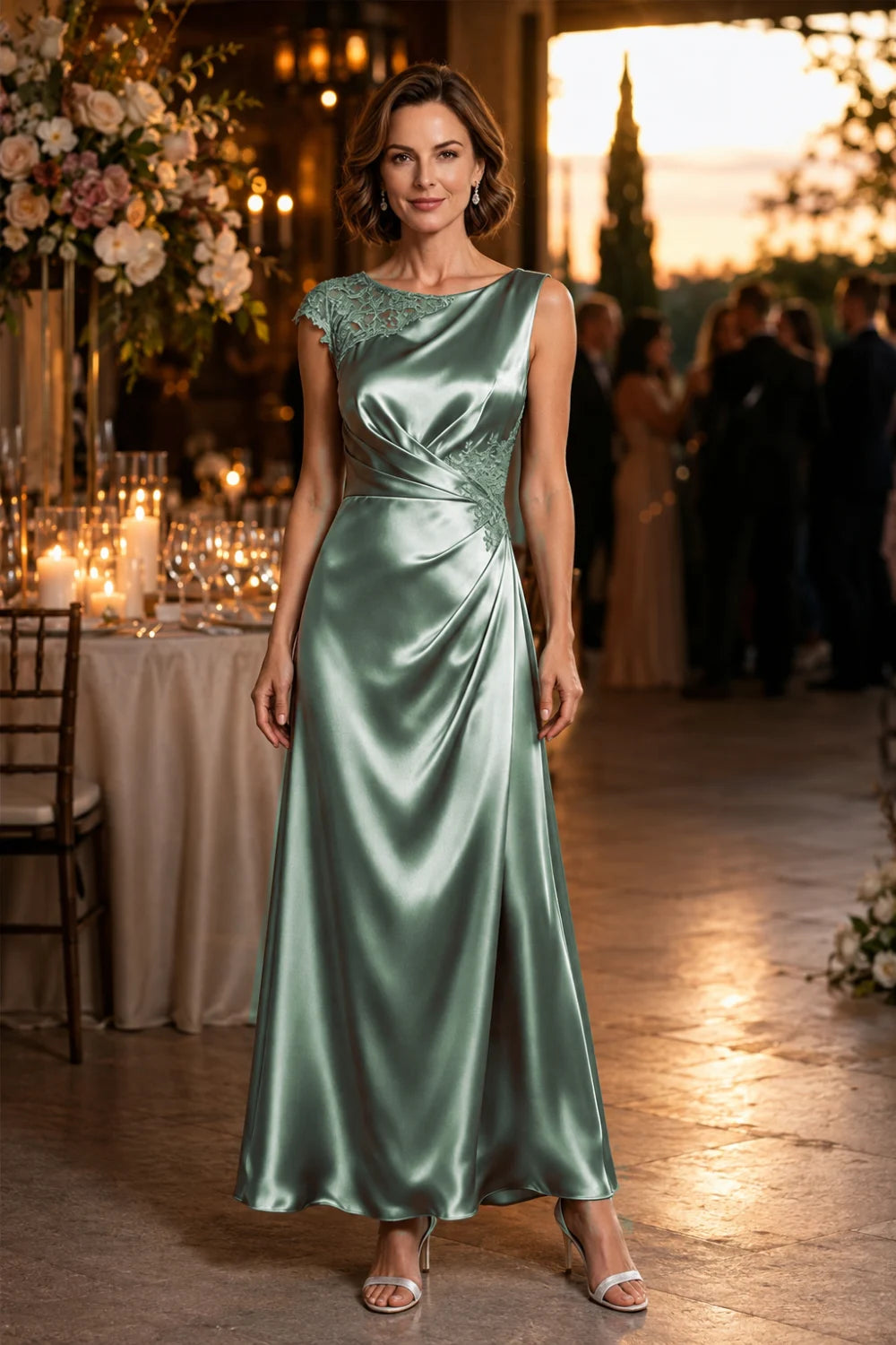 Asymmetric Lace-Shoulder Ruched Satin Mother of the Bride Gown