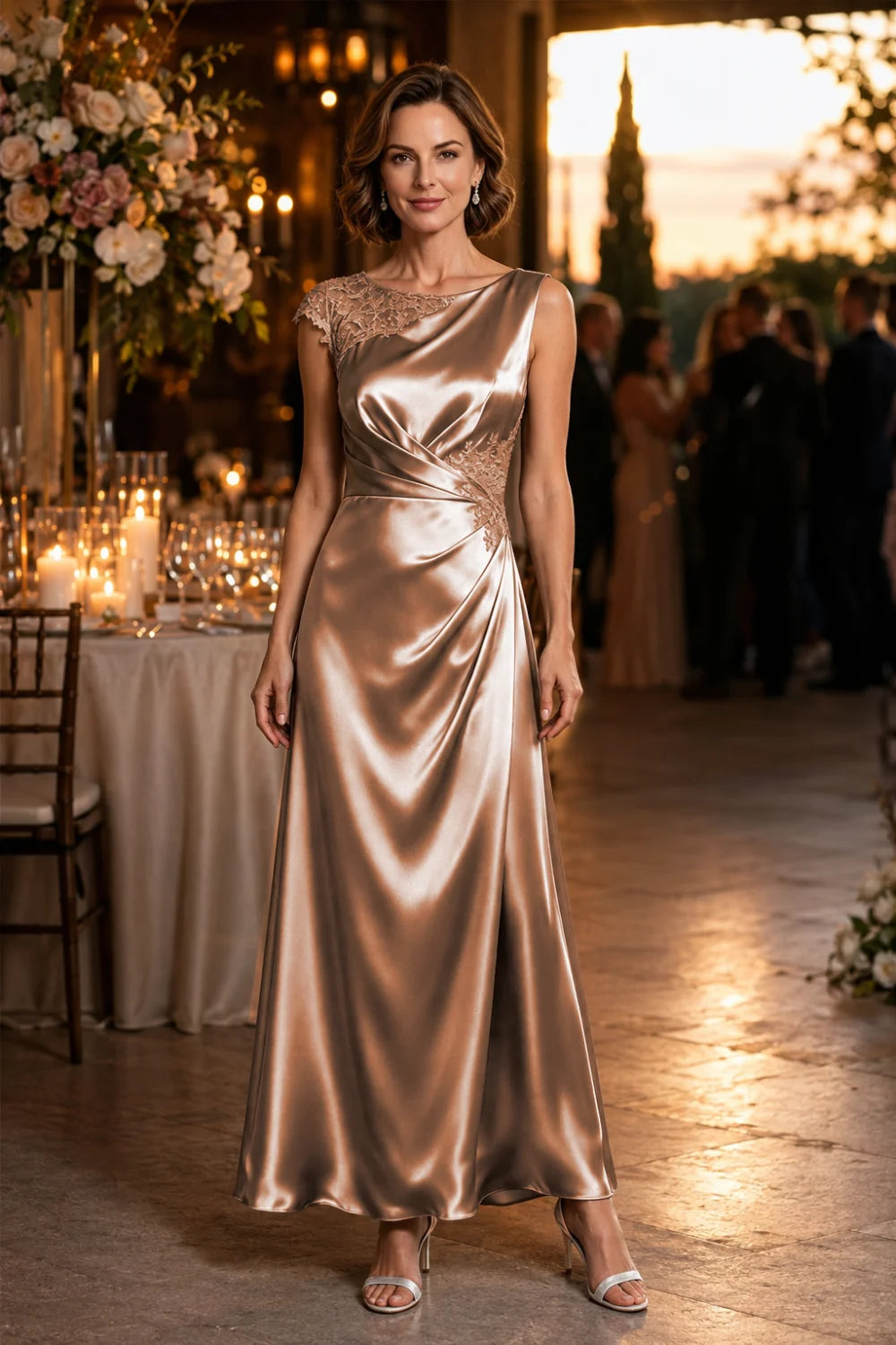Asymmetric Lace-Shoulder Ruched Satin Mother of the Bride Gown