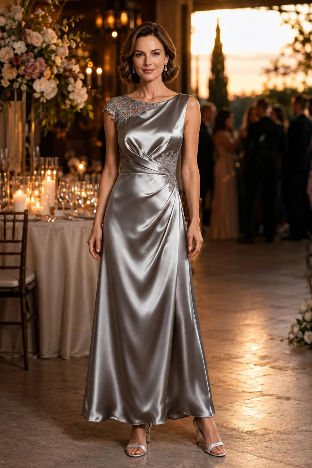 Asymmetric Lace-Shoulder Ruched Satin Mother of the Bride Gown