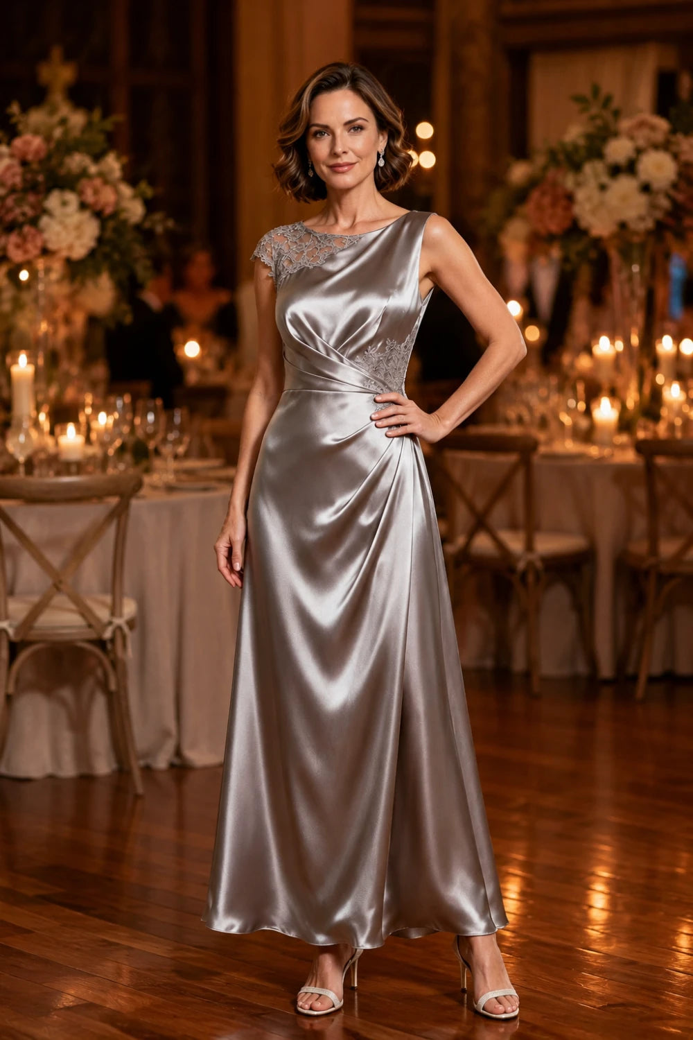 Asymmetric Lace-Shoulder Ruched Satin Mother of the Bride Gown