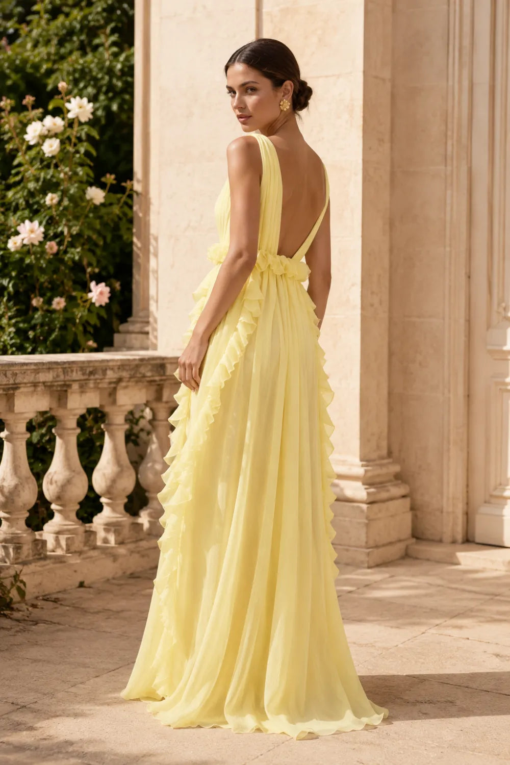 Deep V Ruffle Chiffon Evening Gown