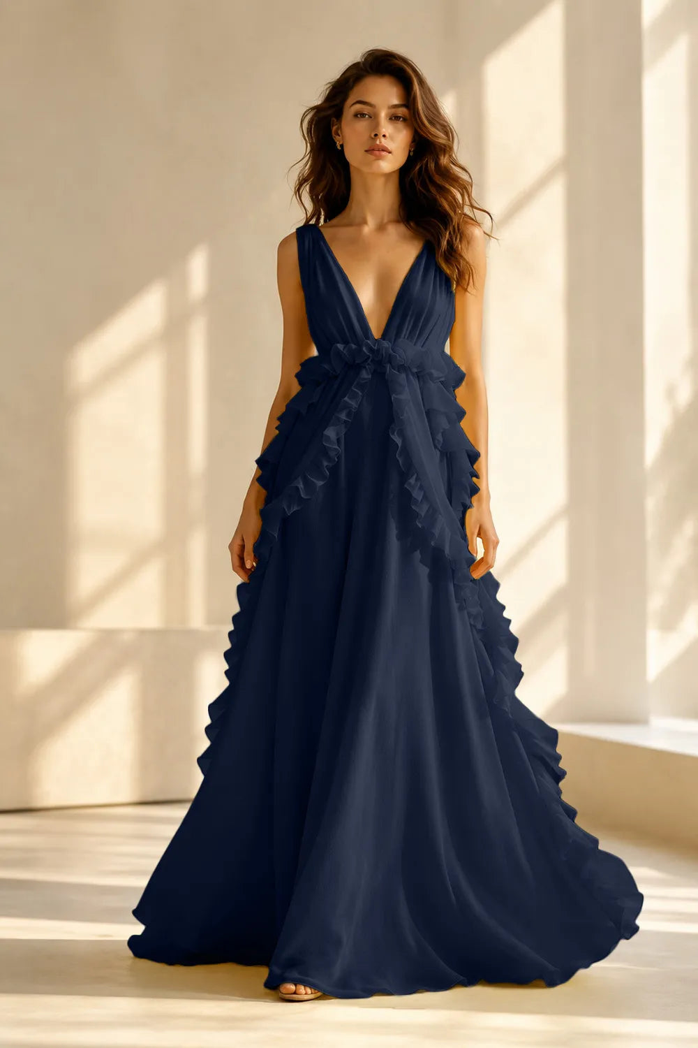 Deep V Ruffle Chiffon Evening Gown
