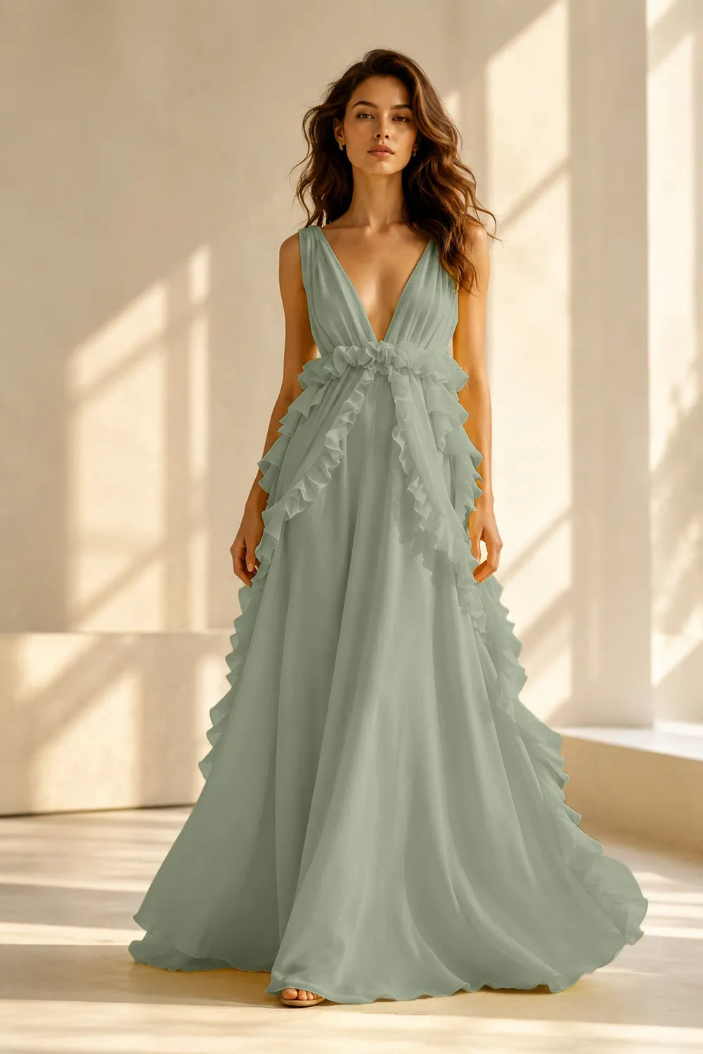 Deep V Ruffle Chiffon Evening Gown