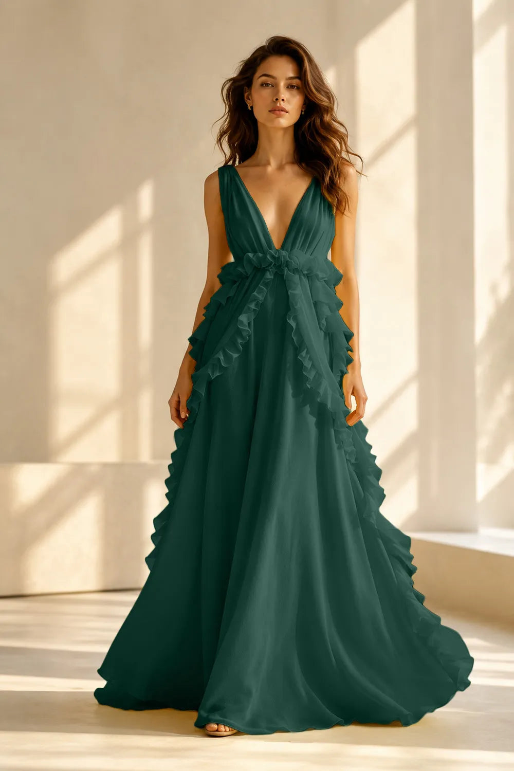Deep V Ruffle Chiffon Evening Gown
