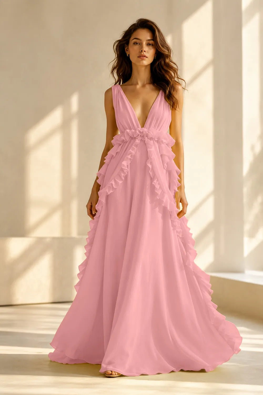 Deep V Ruffle Chiffon Evening Gown