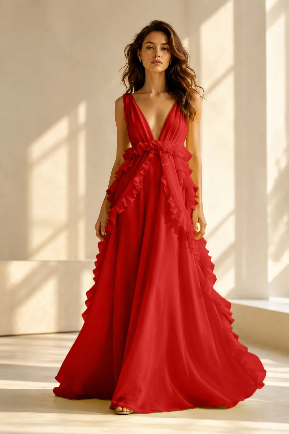 Deep V Ruffle Chiffon Evening Gown