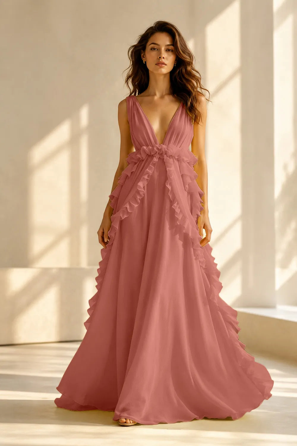 Deep V Ruffle Chiffon Evening Gown