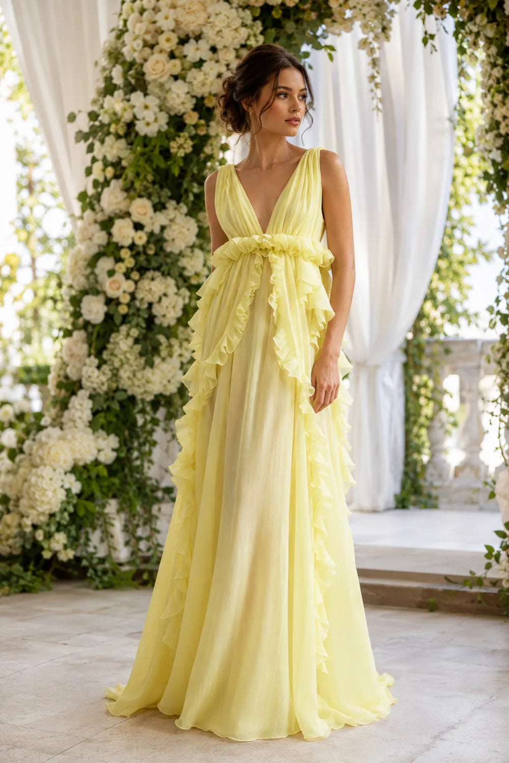 Deep V Ruffle Chiffon Evening Gown