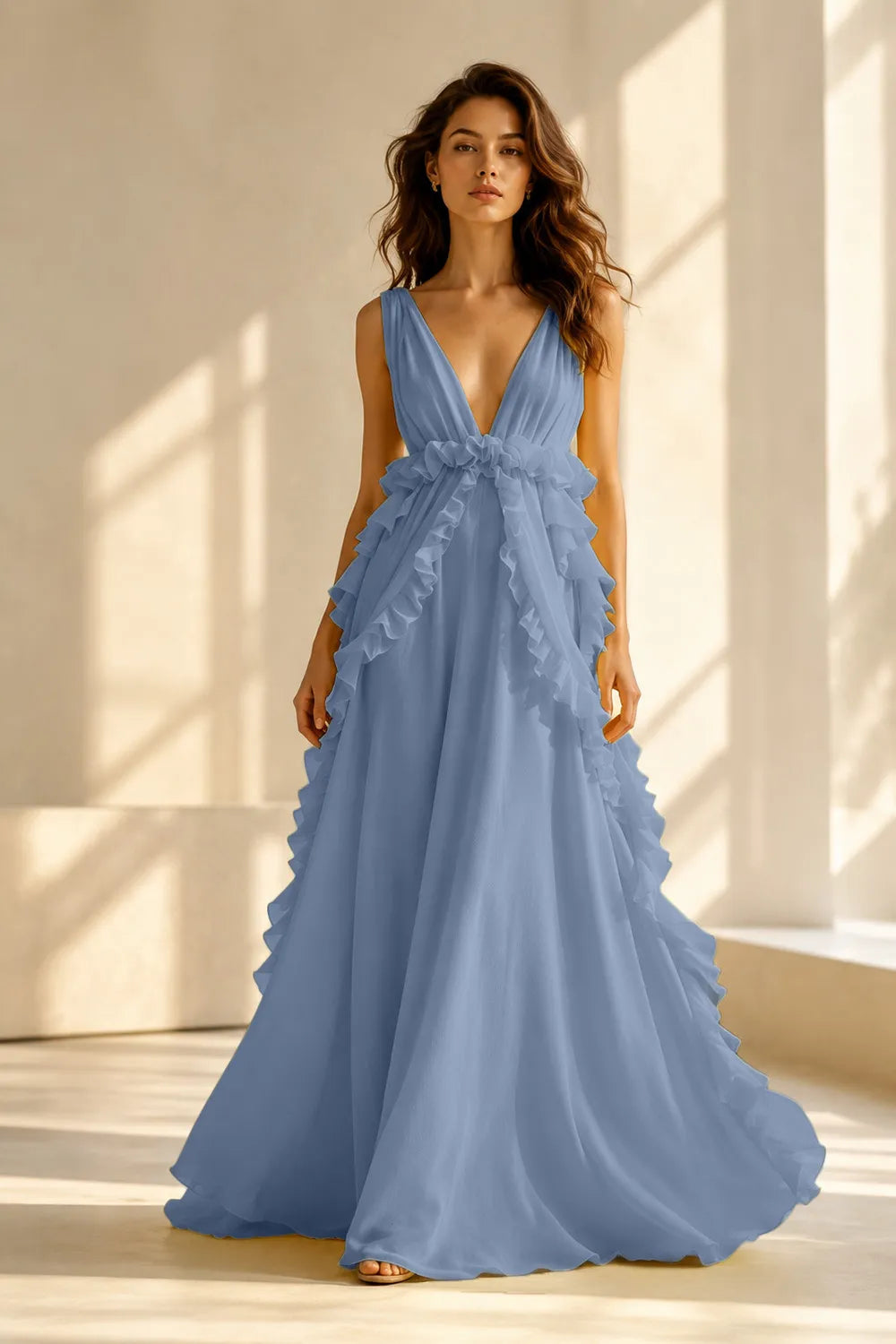 Deep V Ruffle Chiffon Evening Gown
