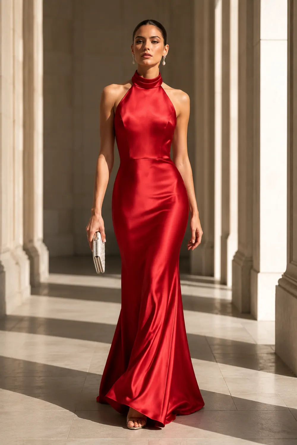 High Neck Satin Evening Gown